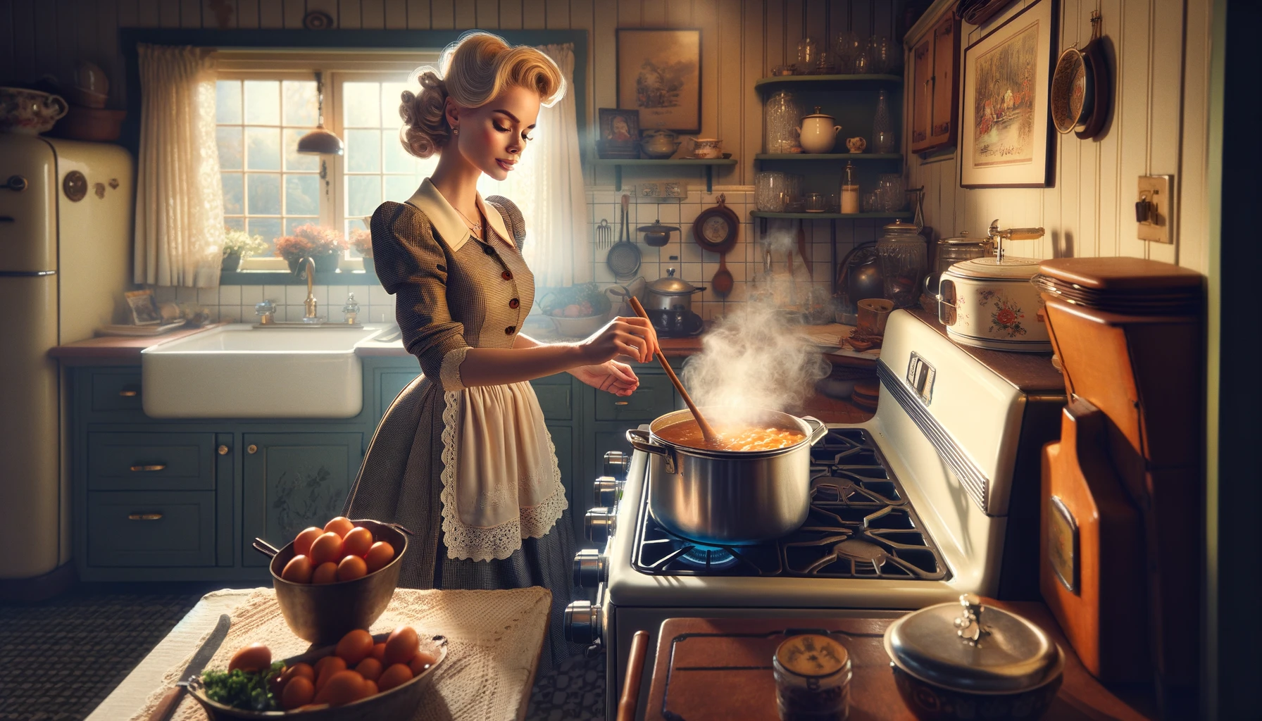 1950s housewife routine woman cooking at stove